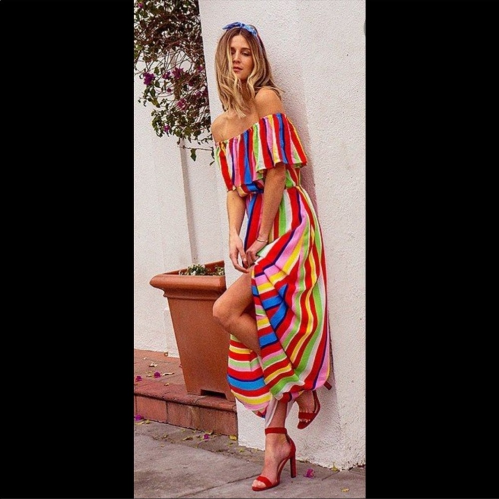 Multi color rainbow off shoulder dress